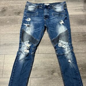 fashion nova 38 mens jeans pants denim blue distressed ripped torn urban
